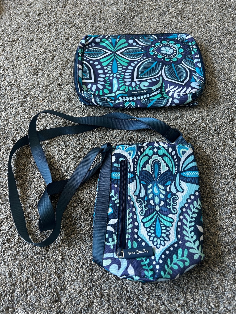 Vera Bradley Navy and Teal Floral Water Bottle Bag with Matching Pouch